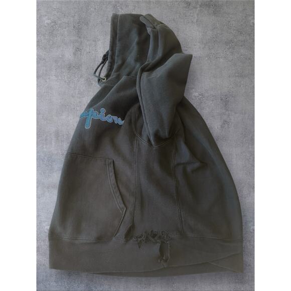 Vtg Champion Reverse Weave Black Hoodie SZ S Spell Out Faded Sweater Destroyed - Picture 4 of 11